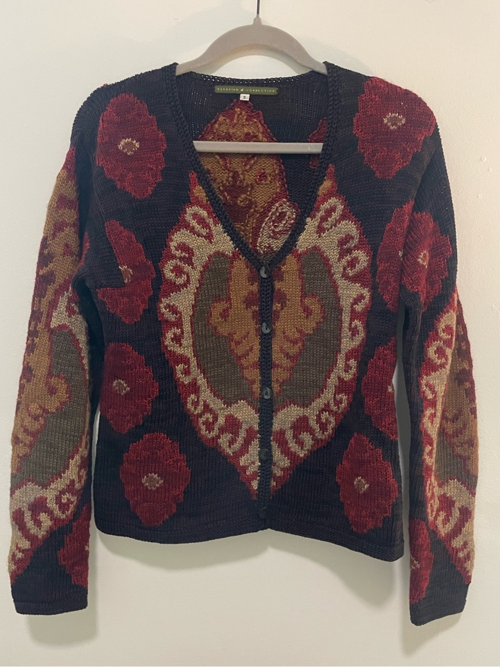 Peruvian Connection Floral Jacquard Cardigan Black Red Knit Sweater S